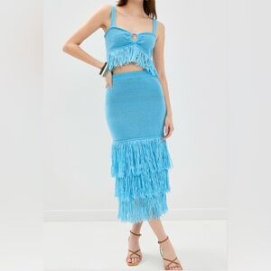 Saylor Ebba Fringe Knit Midi skirt & Crop top Set Turquoise Womens XS Cerulean